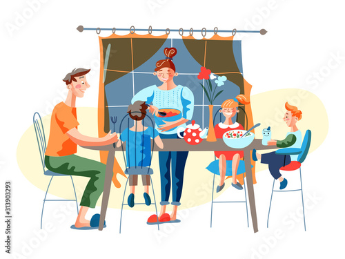 Happy family have dinner together at home cartoon