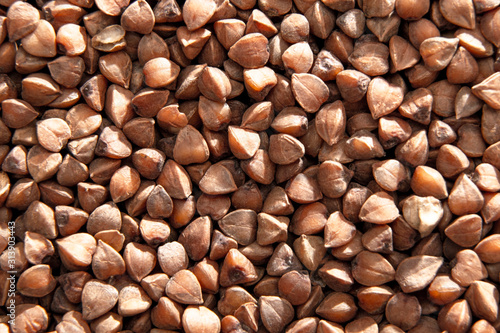 Background of dry buckwheats / texture of buckwheats / Close up