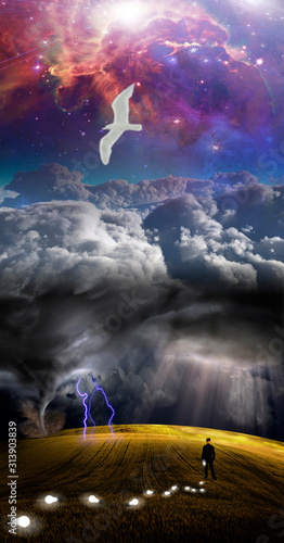 Storm and landscape. Seagull soars in the sky. Man is losing light bulbs like ideas