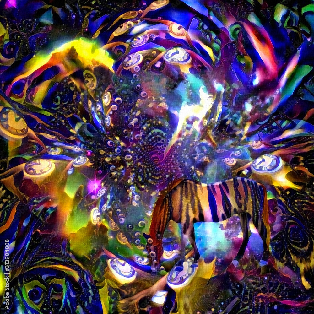 Surreal art. Vivid Imagination. Striped horse and winged clocks Surreal art. Vivid Imagination. Striped horse and winged clocks