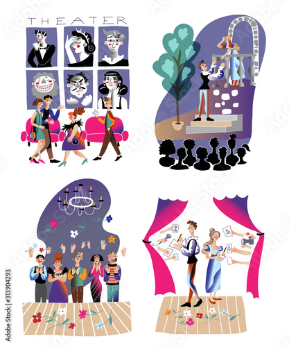 Theatre flat vector illustrations set
