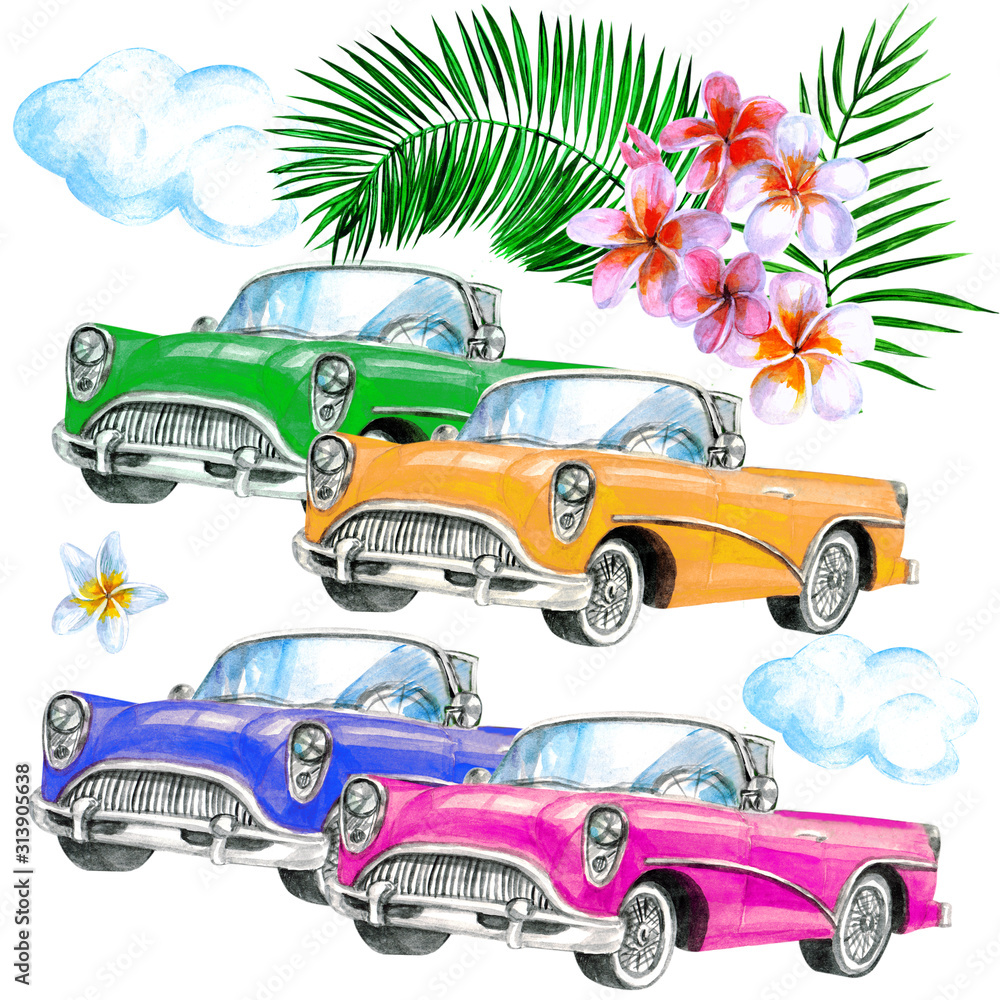 Retro color cars with palmleaves and tropical flowers. Watercolor set.