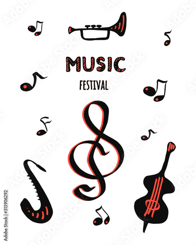 Vector template for a concert poster or flyer with the image of a treble clef, notes, saxophone and double bass. on white background.