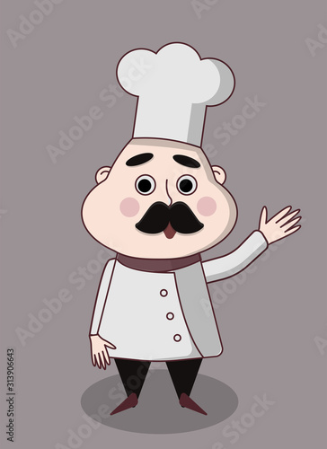 Funny chef with a mustache. Mascot character for the game. Cute vector character.