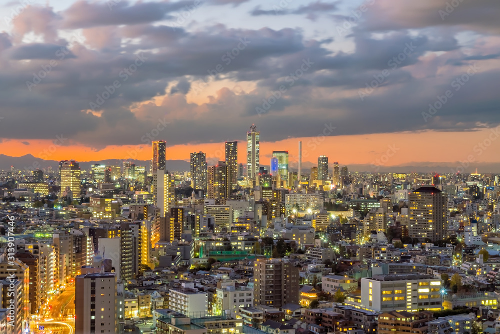 Top view of Tokyo city skyline at sunset .