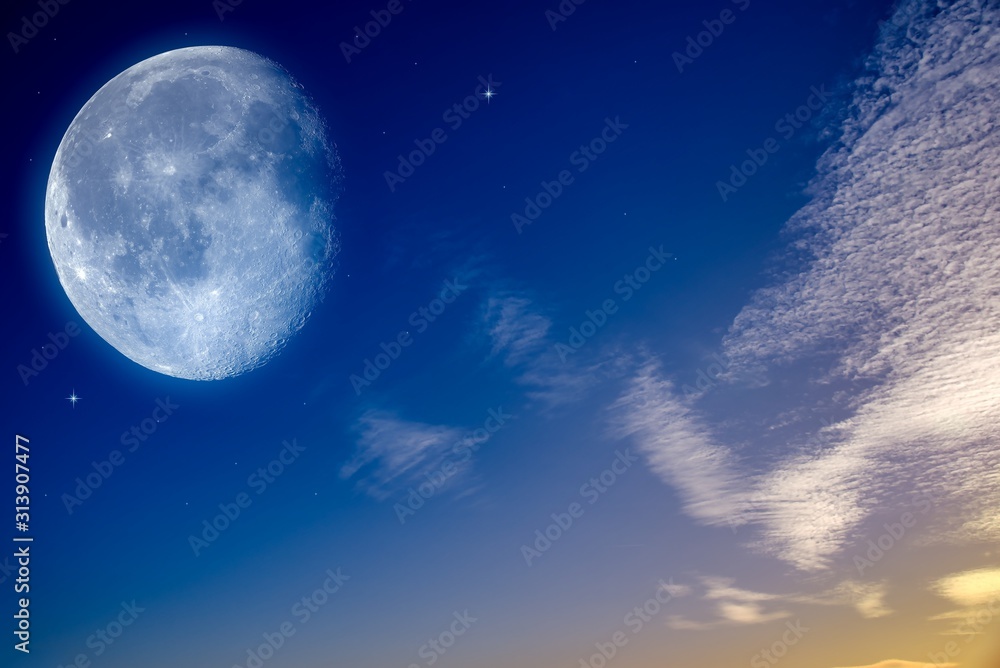 Starry sky with half moon in scenic cloudscape . Starry sky with half moon in scenic cloudscape .