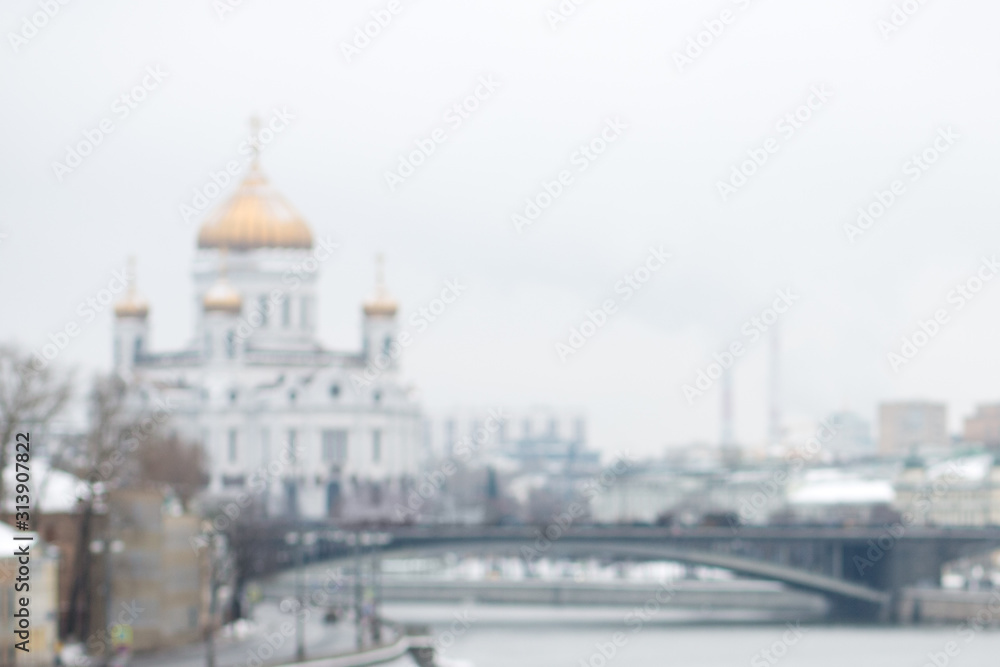 Cathedral of Christ the Saviour in Russia, view from Moskva river. Blurred background.