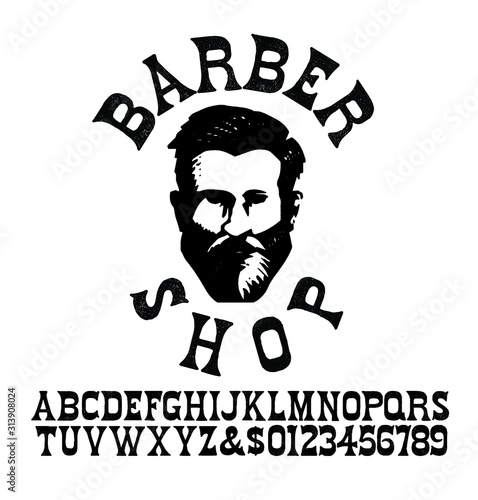 Barbershop typeface / Retro alphabet in western style / Slab Serif type letters on a grunge background / Handmade Vintage Font for labels and posters. Letters and numbers. Vector Illustration.
