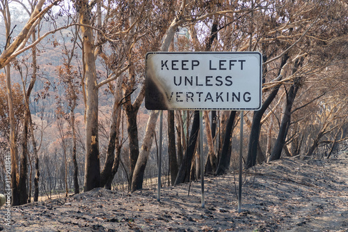 Damaged signs in the bushfires in The Blue Mountains in Australia photo