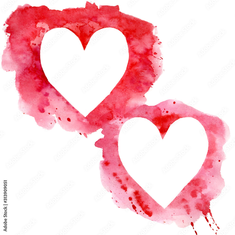 Watercolor set of two hearts on white background. Beautiful bright illustration for cards and design.
