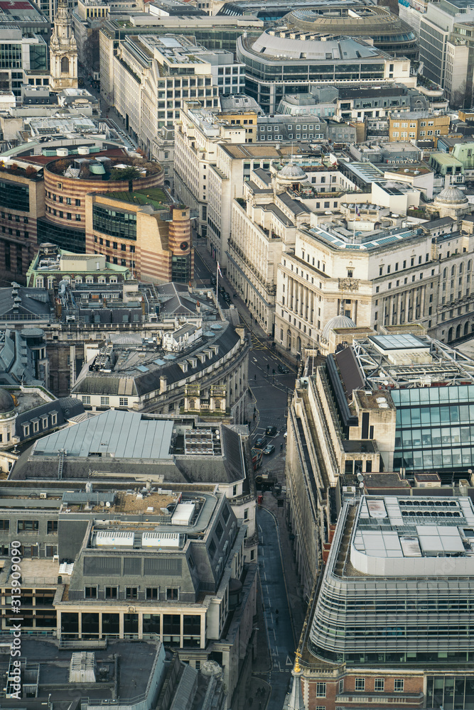 Panoramic view of the City of London, a financial district in the center of London, United Kingdom, with St Paul's Cathedral from the viewing platform at Sky Garden.