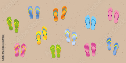 many colorful flip flops on sandy beach vector illustration EPS10