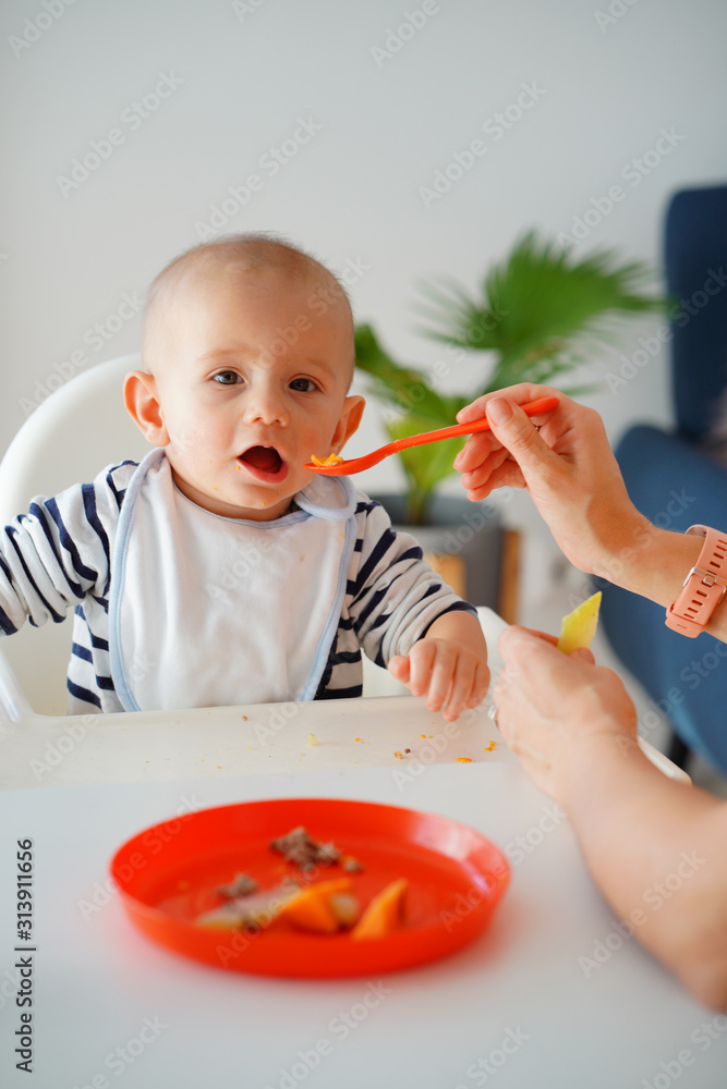 Mom feeding her baby girl with a spoon. Mother giving food to her eight-month child at home.