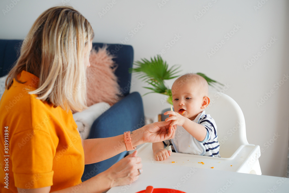 Mom feeding her baby girl with a spoon. Mother giving food to her eight-month child at home. Mom feeding her baby girl with a spoon. Mother giving food to her eight-month child at home.