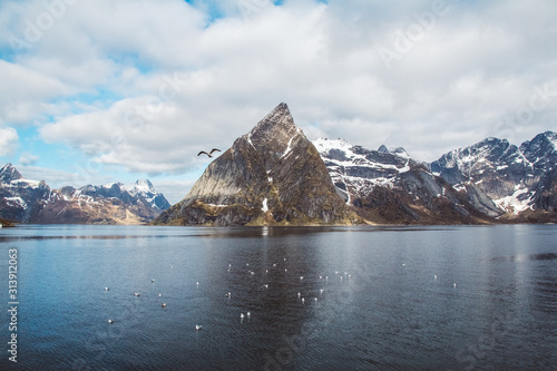 Norway mountains and landscapes on the islands Lofoten. Natural scandinavian landscape. Place for text or advertising photo