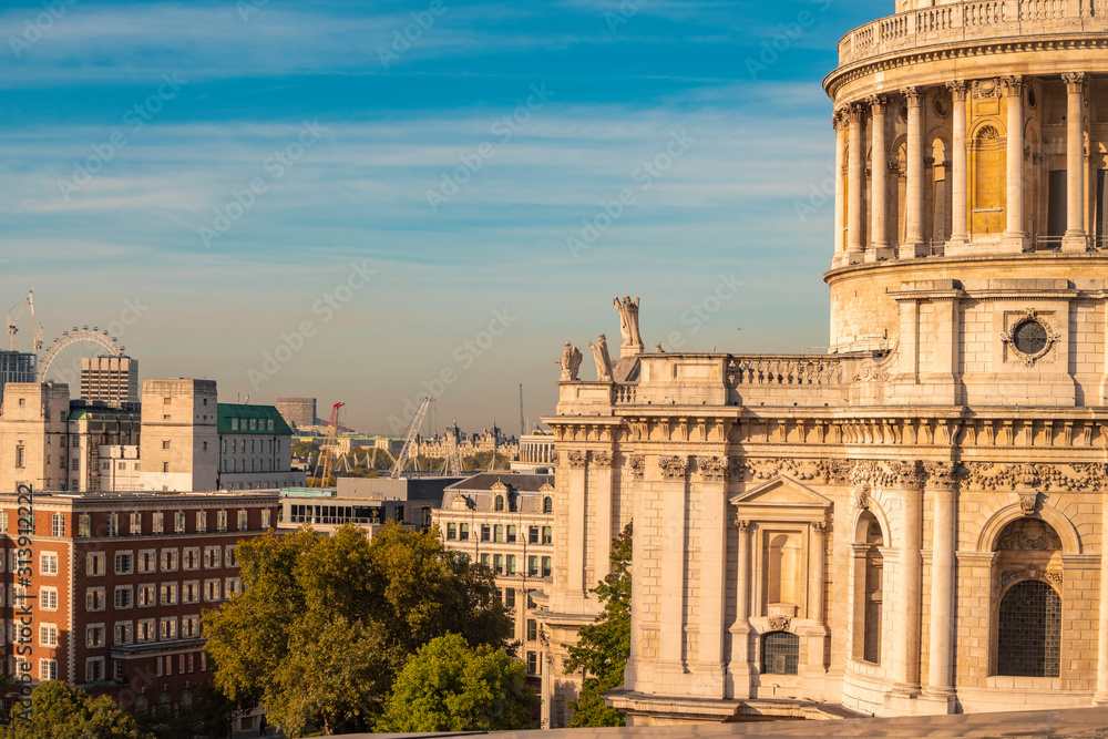 Details of St Pauls Cathedral with London Eye in the background Details of St Pauls Cathedral with London Eye in the background