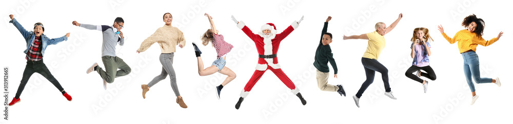 Jumping Santa Claus on white background