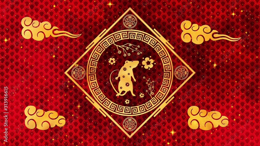 Red Chinese New Year background with gold, rat, fireworks, glittering stars 3D rendering . Magical Happy new year animation.