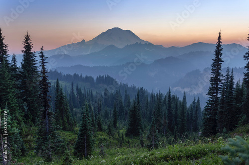 A Hazy Mount Rainier at dusk from Naches peak