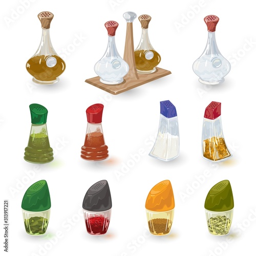 Kit, assortment of spices, seasonings, rubs in glass different shapes shakers, tins black pepper powder, salt, garam masala, paprica, saffron, bay leaves, turmeric, tarragon. Vector big set on white.