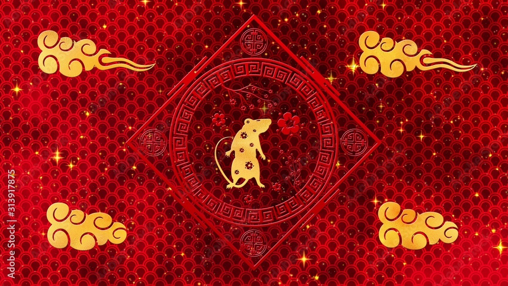 Red Chinese New Year background with gold, rat, fireworks, 3D rendering.  Magical Happy new year animation. Stock Illustration | Adobe Stock