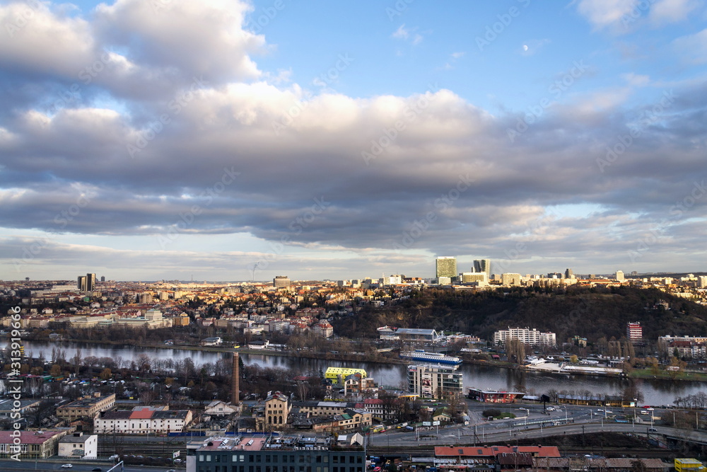 Panoramic view of the Pankrac district with Prague tallest buildings seen from Devin in Prague, Czech Republic