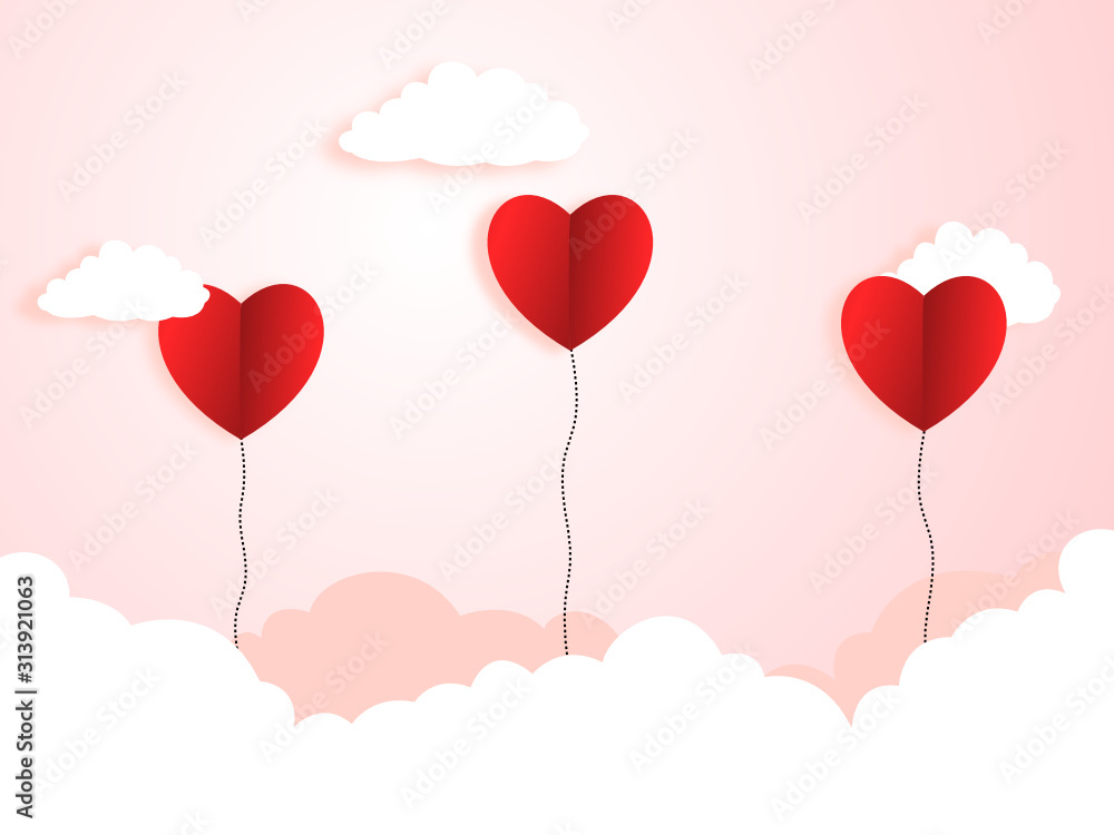 Valentines day card with hearts balloons and clouds