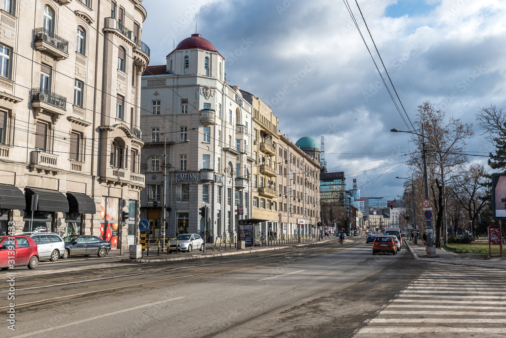 Belgrade, Serbia. View of the street and buildings of Belgrade city in January.
