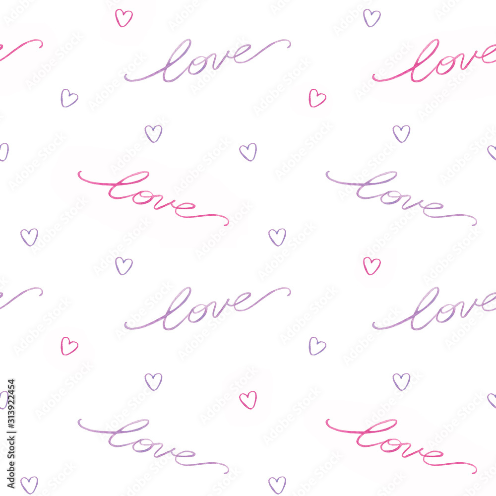 Hand Drawn Watercolor Seamless Pattern. Pink and Violet Colors. Love Word and Hearts Isolated on White Background. Good for Valentine's Day Cards, Scrapbooking, Wrapping Paper and Other. Hand Drawn Watercolor Seamless Pattern. Pink and Violet Colors. Love Word and Hearts Isolated on White Background. Good for Valentine's Day Cards, Scrapbooking, Wrapping Paper and Other.