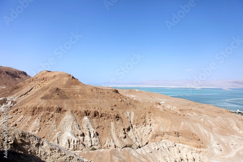 View of Dead Sea coastline in Israel from Neve Zohar Observation point