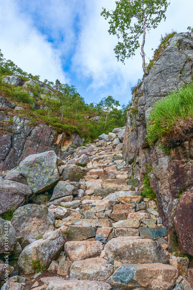 Stone steps of a hiking trail to the Preikestolen in Rogaland county.Norway