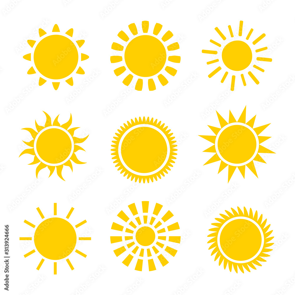 Fototapeta sun icons set. Flat shining symbols collection. Daylight logos