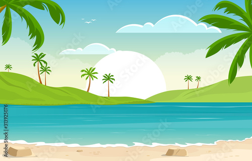 Vacation in Tropical Beach Sea Palm Tree Summer Landscape Illustration