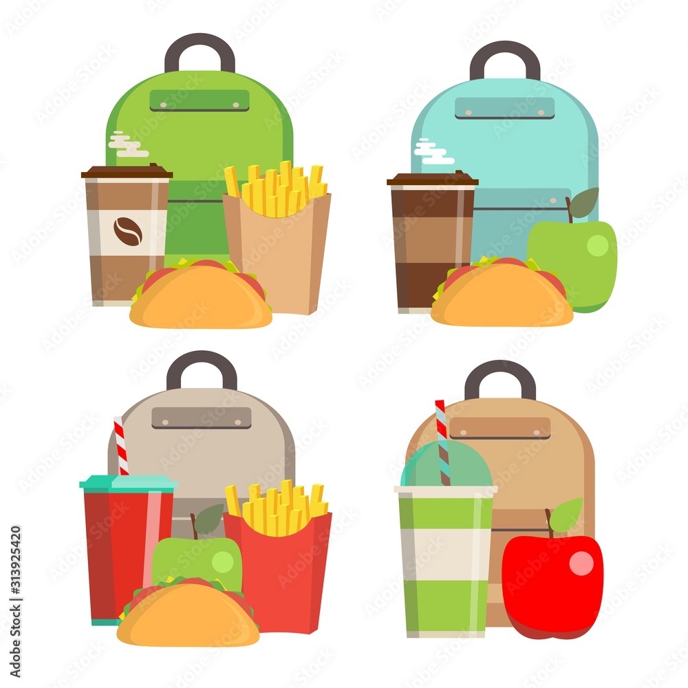 Lunchbox with cheese sandwich, tomato slices, potato chips, paper bag, schoolbag for school or work set. Dinner lunch container with snacks, meals homemade food. Vector isolated sketch illustration Lunchbox with cheese sandwich, tomato slices, potato chips, paper bag, schoolbag for school or work set. Dinner lunch container with snacks, meals homemade food. Vector isolated sketch illustration