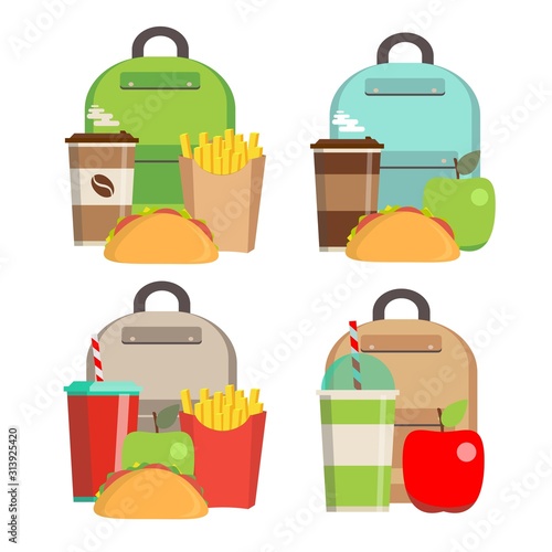Lunchbox with cheese sandwich, tomato slices, potato chips, paper bag, schoolbag for school or work set. Dinner lunch container with snacks, meals homemade food. Vector isolated sketch illustration