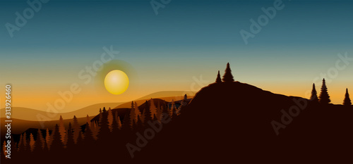 Evening in the mountains. Sunset in the mountains. Landscape illustration. Vector illustration.