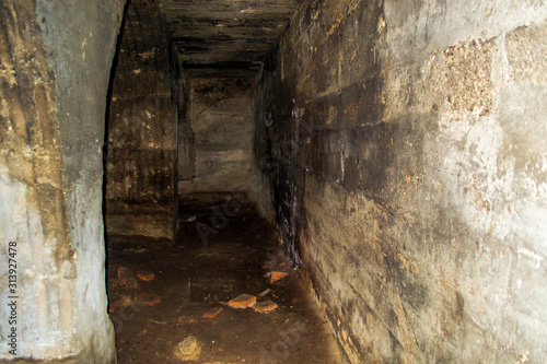 Canvas Print abandoned caves under the city, selective focus with shallow depth of field, war