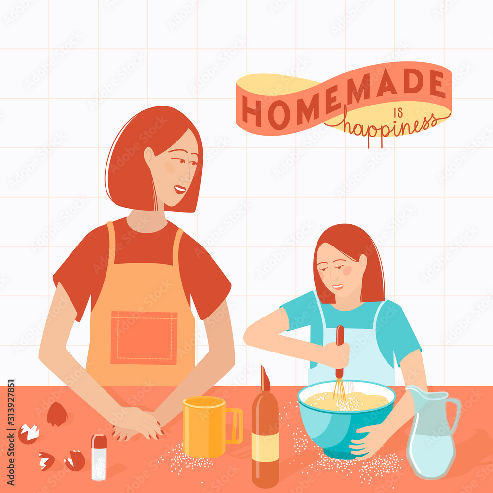 Mom and daughter are preparing cookies in the kitchen. The family prepares a home dish. Lettering homemade is happiness. Flat cartoon vector illustration. Mom and daughter are preparing cookies in the kitchen. The family prepares a home dish. Lettering homemade is happiness. Flat cartoon vector illustration.