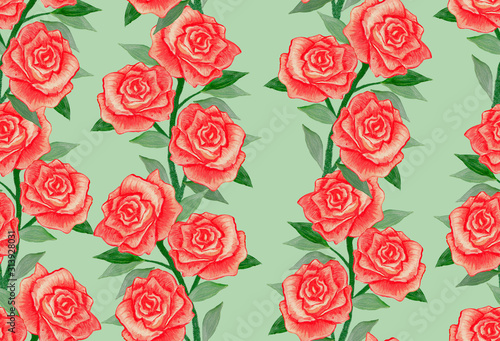 Roses seamless pattern on a green background. Oil painting.