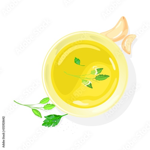 Meat, fish or vegetable vegetarian transparent broth in porcelain bowl garnished with greenery and cloves of garlic. Thin watery yellow soup without much substance. Top view. Vector isolated on white.