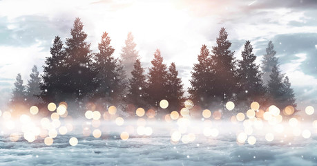 Winter abstract landscape. Sunlight in the winter forest. 
