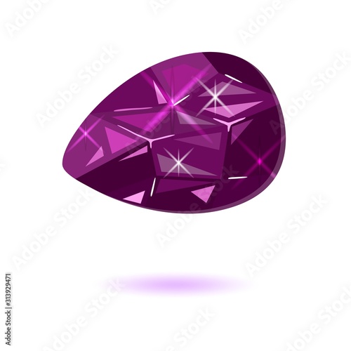 Amazing purple drop shape taaffeite. Violet mineral, rare occurrence semiprecious expensive stone for using in jewelry ring, earrings, brooch, pendant. Vector realistic illustration isolated on white.