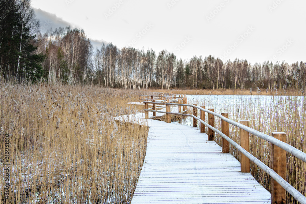 Obraz premium Wooden bridge trail along the shoreline of the lake covered of the first snow.