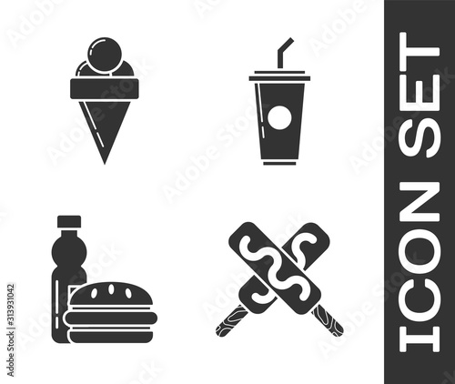 Set Ice cream, Ice cream in waffle cone, Bottle of water and burger and Paper glass with drinking straw and water icon. Vector