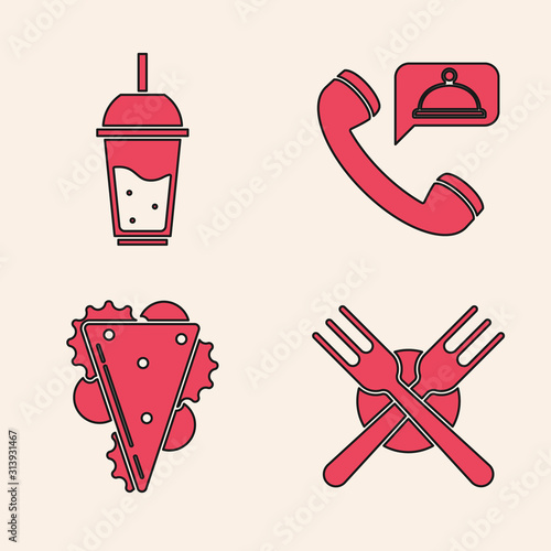 Set Crossed fork, Glass of lemonade with drinking straw, Food ordering and Sandwich icon. Vector