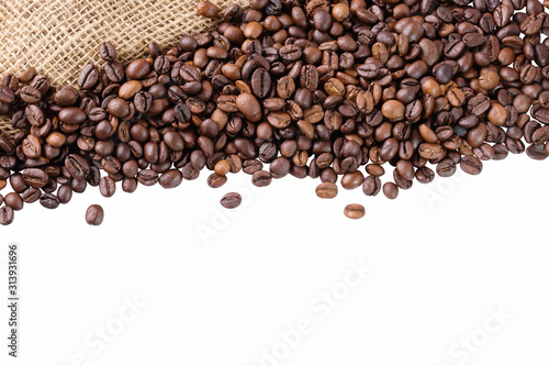 Black arabica, robusta coffee beans isolated on white background with free copyspace for text