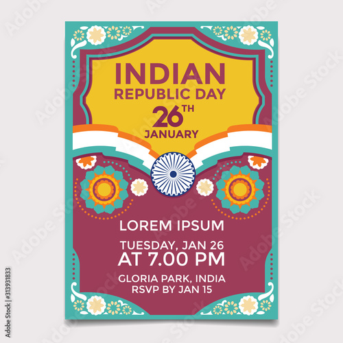 Illustration of flower with Ashoka wheel, beautiful Indian national flag colour background for Indian Republic Day
