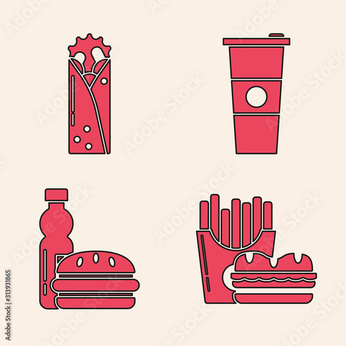 Set Burger and french fries in carton package box, Doner kebab, Paper glass and water and Bottle of water and burger icon. Vector