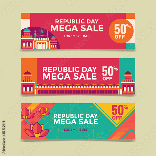 Happy Indian Republic Day mega sale banner with red fort background