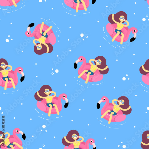 vector illustration pattern blue and pink background with business theme for printing on fabric. Freelancer girl with a phone sunbathes on a pink flamingo